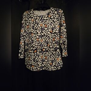 Avon Floral 3/4 Sleeve Top Size L 12-14 Black Cotton Blouse